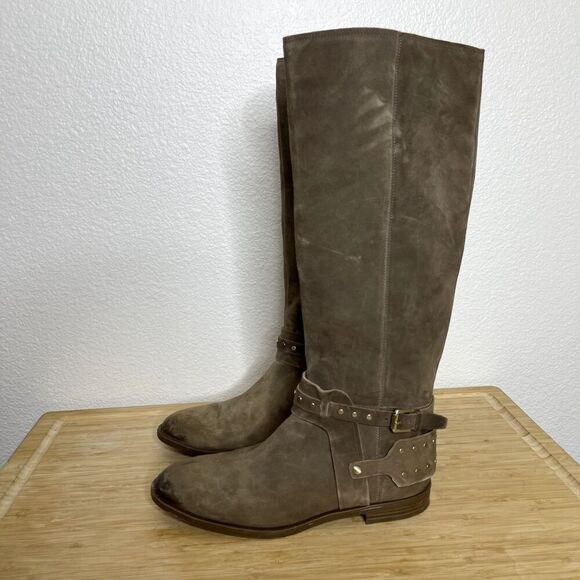 Nine West Boots Size 6.5 Brown Leather Tall Riding Studded Side Zip Western - Picture 1 of 12